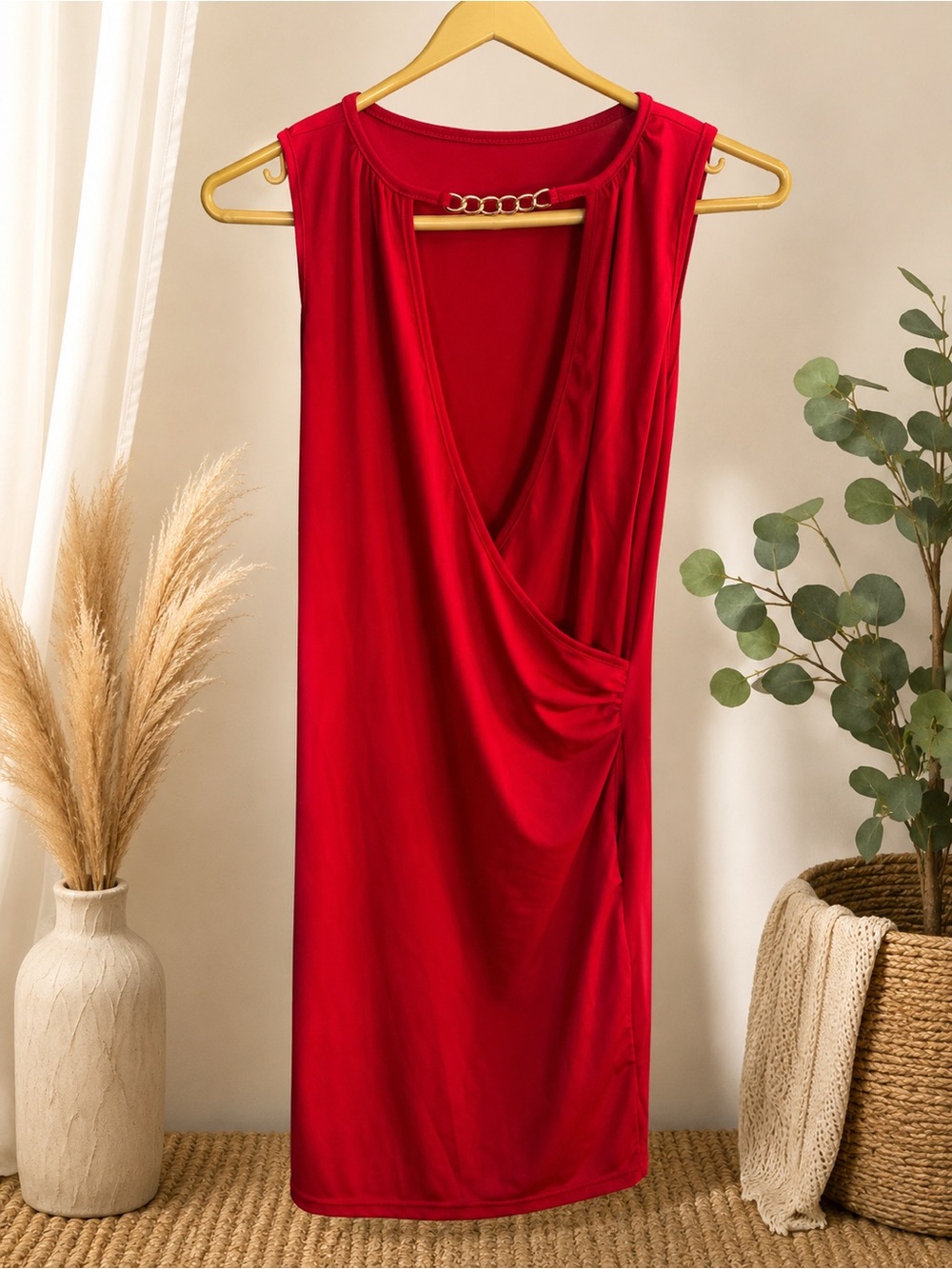 NWOT SHEIN Red Sleeveless Draped V-Neck Mini Dress